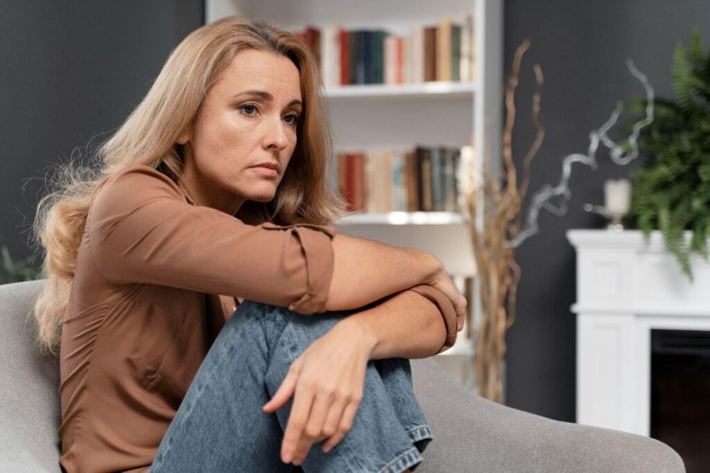 A woman sitting alone on a couch, reflecting on the emotional impact of alimony after divorce.